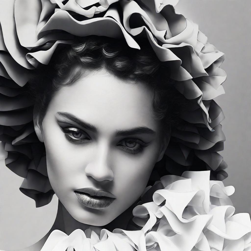  Create a layer focusing on the intricate textures and patterns of a dramatic, ruffled garment in black and white, capturing the contrast and depth of the fabric.