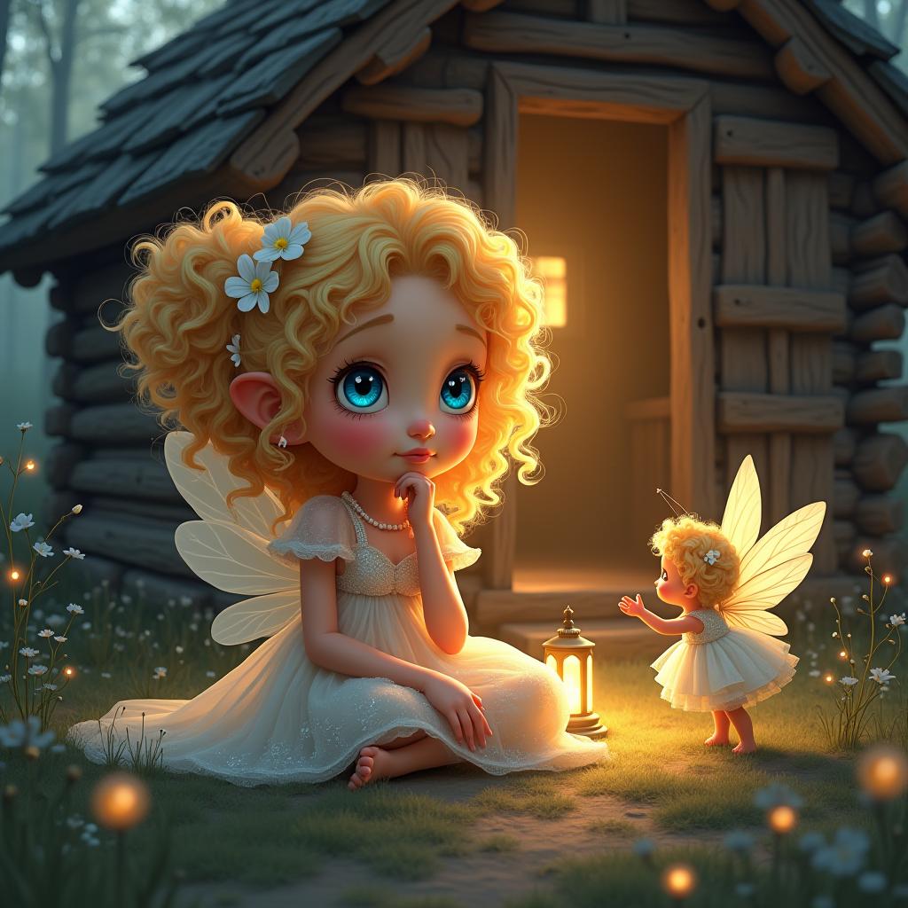  good quality, high quality, a digital ilration depicting a dreamy, fantasy scene with two like characters. the main character is a girl with large, bright blue eyes and voluminous, golden blonde curly hair. she sits outside a rustic wooden cabin, illuminated by soft, warm lantern light, and gazes thoughtfully into the distance with her chin resting on her hand. she wears a sparkly, translucent white dress, adorned with small flowers, and her skin glows softly in the warm light. next to her, a smaller fairy like with delicate erfly wings reaches out toward her. this smaller , dressed in a matching sparkly white dress, appears to be a or , adding a sense of innocence and wonder to the scene. the ba