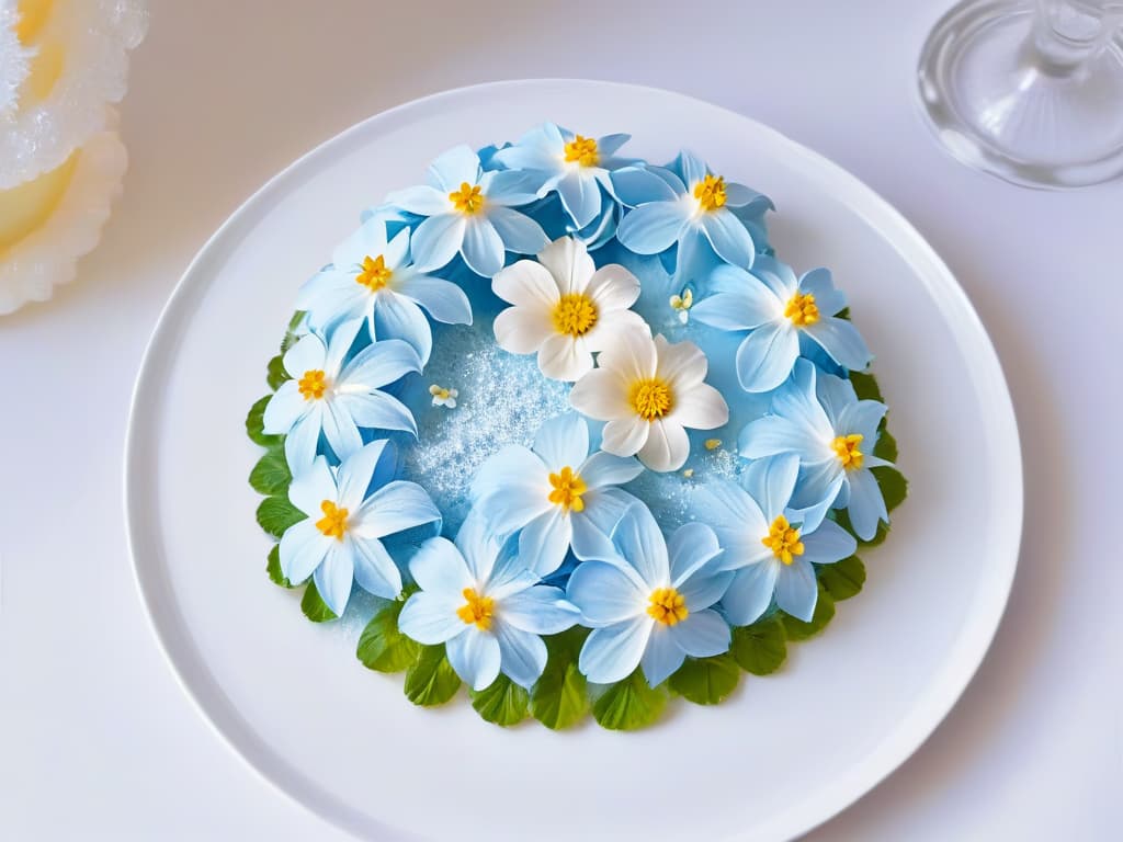  An ultradetailed image of a delicate, pastelcolored edible flower garden on a sleek, white plate. Each blossom is meticulously crafted from sugar, resembling a real spring garden in full bloom. The petals glisten with a hint of edible glitter, adding a touch of elegance to the scene. The background is softly blurred, emphasizing the intricate details of the sugar flowers, making them appear almost lifelike in their beauty and delicacy. hyperrealistic, full body, detailed clothing, highly detailed, cinematic lighting, stunningly beautiful, intricate, sharp focus, f/1. 8, 85mm, (centered image composition), (professionally color graded), ((bright soft diffused light)), volumetric fog, trending on instagram, trending on tumblr, HDR 4K, 8K