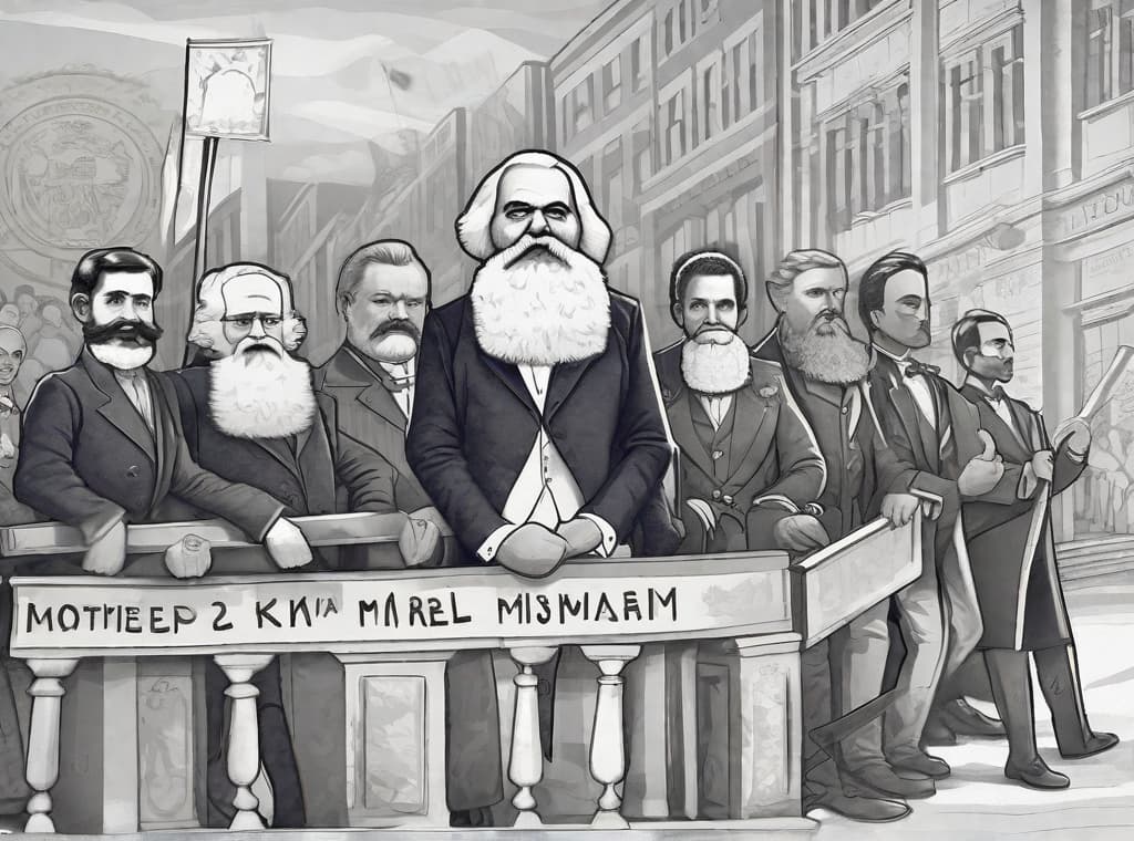  Create a detailed illustration of various portraits of dignified political or cultural leaders from the 20th century, with emphasis on Karl Marx, for use in a historical procession scene.