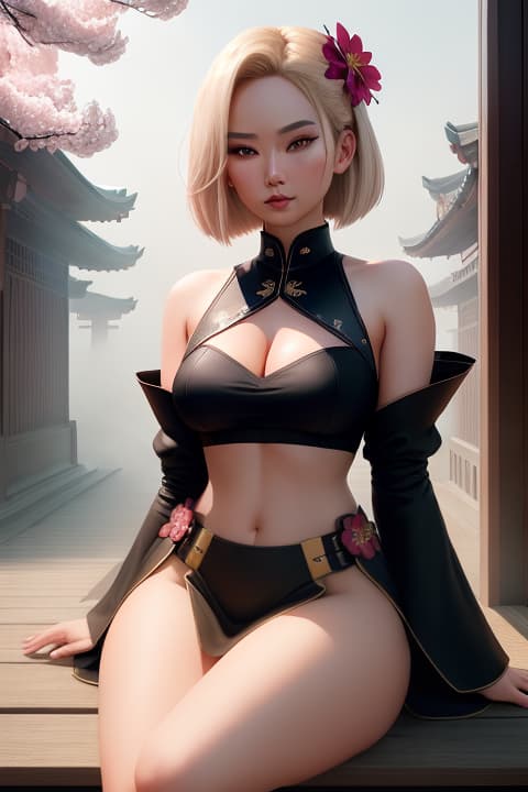  android 18, bare shoulders,  hair, architecture, black eyes, cherry blossoms, geta, east asian architecture, hand fan, flower, cloud, hair ornament, floral print, folding fan, 1, , detailed eyes, hyperrealistic, full body, highly detailed, cinematic lighting, intricate, sharp focus, f/1. 8, 85mm, (centered image composition), (professionally color graded), ((bright soft diffused light)), volumetric fog, trending on instagram, HDR 4K, 8K