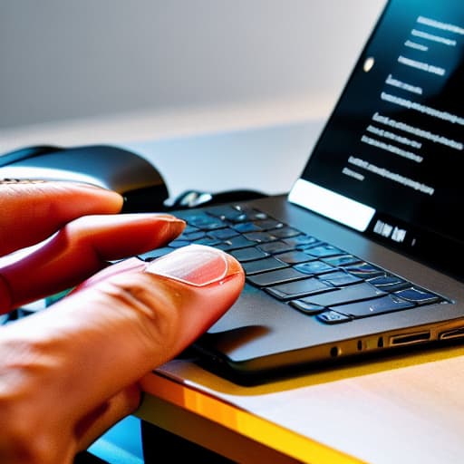  A hand with modern gear typing on the laptop keyboard. Apply the Following Styles Comic hyperrealistic, full body, detailed clothing, highly detailed, cinematic lighting, stunningly beautiful, intricate, sharp focus, f/1. 8, 85mm, (centered image composition), (professionally color graded), ((bright soft diffused light)), volumetric fog, trending on instagram, trending on tumblr, HDR 4K, 8K