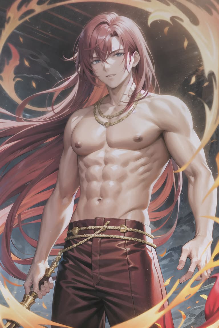  master piece , best quality,Red hair, long hair, adult male, spirit of fire, golden chain