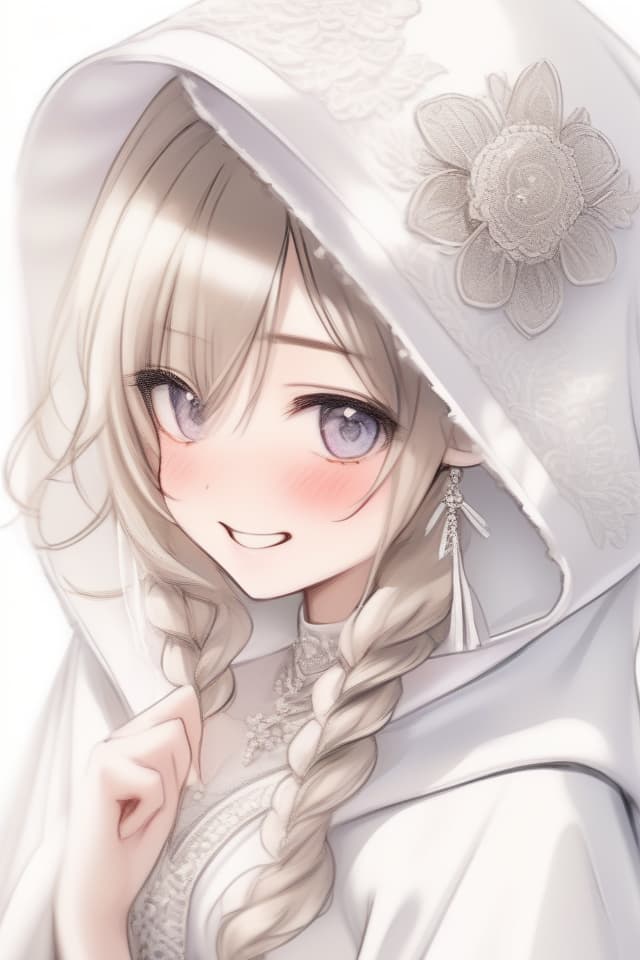  (Wearing a hood made of white fabric) (Smile) fluffy Illustration (Close UP UPPER BODY) Bride, Japanese Bridal Gown, White Kimono with Silver Embroidery Cotton Hat, Eyes Hidden, ONLY MOUTH VISIBLE.