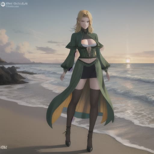  green eyed anime on the beach  hyperrealistic, full body, detailed clothing, highly detailed, cinematic lighting, stunningly beautiful, intricate, sharp focus, f/1. 8, 85mm, (centered image composition), (professionally color graded), ((bright soft diffused light)), volumetric fog, trending on instagram, trending on tumblr, HDR 4K, 8K