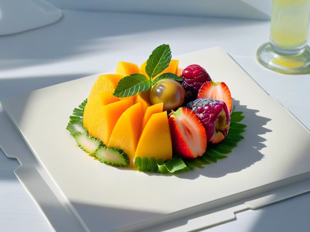  A closeup, ultradetailed image of a sliced borojó fruit placed on a sleek, modern white plate with vibrant green leaves as a garnish, showcasing the rich texture, deep color, and inviting freshness of the exotic superfruit. hyperrealistic, full body, detailed clothing, highly detailed, cinematic lighting, stunningly beautiful, intricate, sharp focus, f/1. 8, 85mm, (centered image composition), (professionally color graded), ((bright soft diffused light)), volumetric fog, trending on instagram, trending on tumblr, HDR 4K, 8K