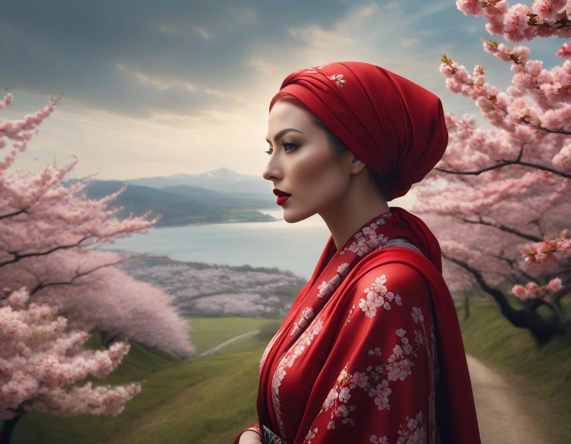  surrealist art A digital art portrait of a woman with a red headscarf, cherry blossoms in her hair, and serene landscape in the background. . dreamlike, mysterious, provocative, symbolic, intricate, detailed hyperrealistic, full body, detailed clothing, highly detailed, cinematic lighting, stunningly beautiful, intricate, sharp focus, f/1. 8, 85mm, (centered image composition), (professionally color graded), ((bright soft diffused light)), volumetric fog, trending on instagram, trending on tumblr, HDR 4K, 8K