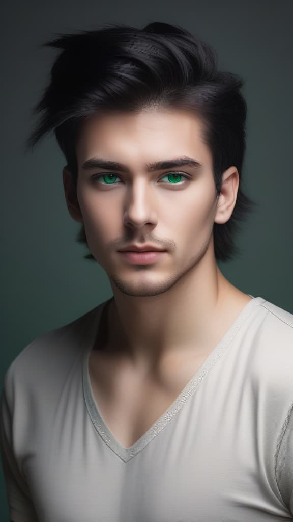  Beautiful Caucasian male, pale skin, mid-twenties, emo, jet black hair styled in undercut with long messy top, emerald green eyes, 5 o'clock  shadow, frontal view, face turned completely forward, looking forward,symmetrical facial features,head-shot, hyper-realistic, photo-realistic, neutral expression on face, 4k quality, high quality, highly detailed, sharp focus, 4K, 8K