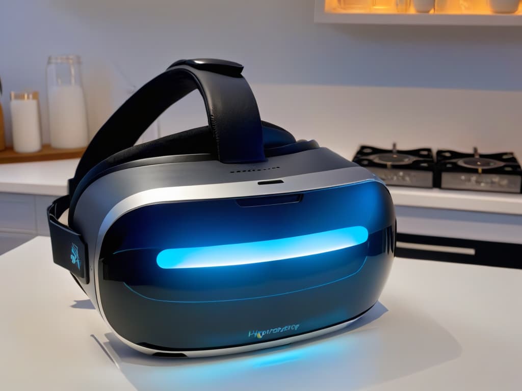  A closeup, ultradetailed image of a virtual reality headset sitting on a sleek, modern kitchen countertop. The headset is illuminated by a soft, ambient light, casting a gentle glow on its smooth surface. The design is sleek and futuristic, with intricate details visible in the reflections on its polished exterior. This minimalist image conveys a sense of innovation and technology in the context of a culinary setting, hinting at the transformative potential of virtual reality in the world of pastry arts. hyperrealistic, full body, detailed clothing, highly detailed, cinematic lighting, stunningly beautiful, intricate, sharp focus, f/1. 8, 85mm, (centered image composition), (professionally color graded), ((bright soft diffused light)), volumetric fog, trending on instagram, trending on tumblr, HDR 4K, 8K