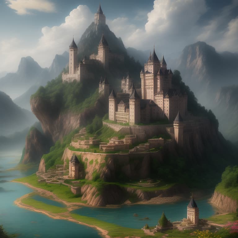  RAW photo of an Indian castle surrounded by water and nature, village, volumetric lighting, photorealistic, insanely detailed and intricate, Fantasy, epic cinematic shot, trending on ArtStation, mountains, 8k ultra hd, magical, mystical, matte painting, bright sunny day, flowers, massive cliffs, Sweeper3D