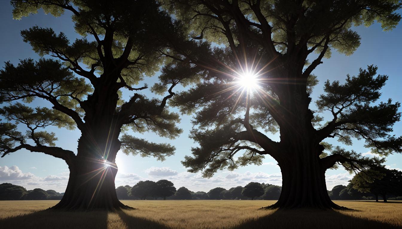  Retro anime aesthetics, retro futuristic A tall, sturdy oak tree standing alone in an open field, its leaves rustling gently in the wind, warm sunlight casting soft light on the tree's textured bark, calm, resilient, 4k, HDR, lens flare