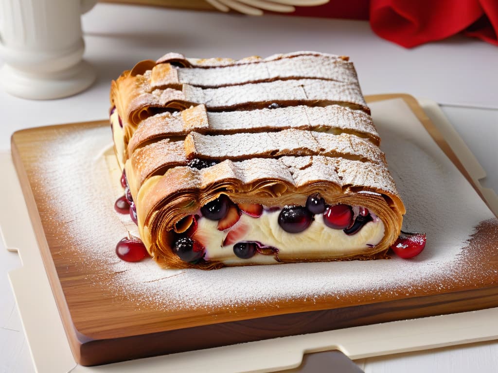  A closeup, highresolution image of a goldenbrown, flaky cherry strudel fresh out of the oven, dusted with a delicate sprinkle of powdered sugar. The layers of crisp pastry are visible, showcasing the glistening cherry filling oozing slightly from the ends. The background is a simple, clean surface to emphasize the intricate details of the strudel, inviting the viewer to imagine the warm, sweet aroma wafting from this delectable traditional dessert. hyperrealistic, full body, detailed clothing, highly detailed, cinematic lighting, stunningly beautiful, intricate, sharp focus, f/1. 8, 85mm, (centered image composition), (professionally color graded), ((bright soft diffused light)), volumetric fog, trending on instagram, trending on tumblr, HDR 4K, 8K