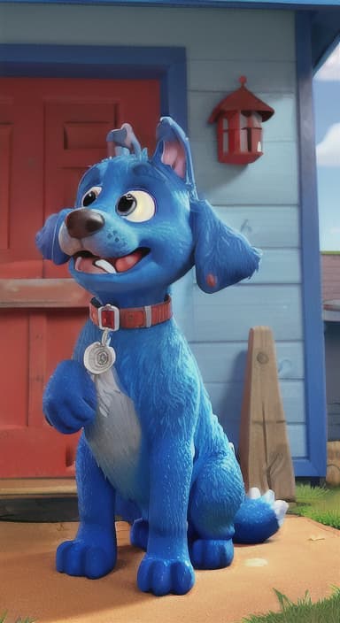  {Max the big blue dog standing in front of a cozy little house with a red door, The big blue dog is large with sky blue fur, big round eyes, a black nose, and floppy ears.