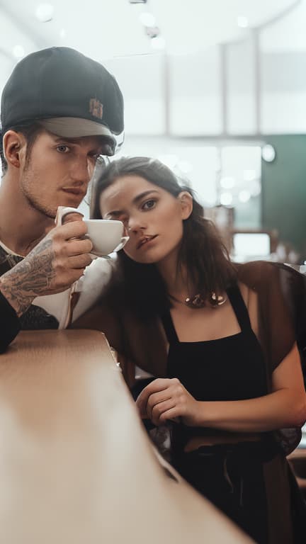 portrait+ style two man drink coffee at the coffee shop