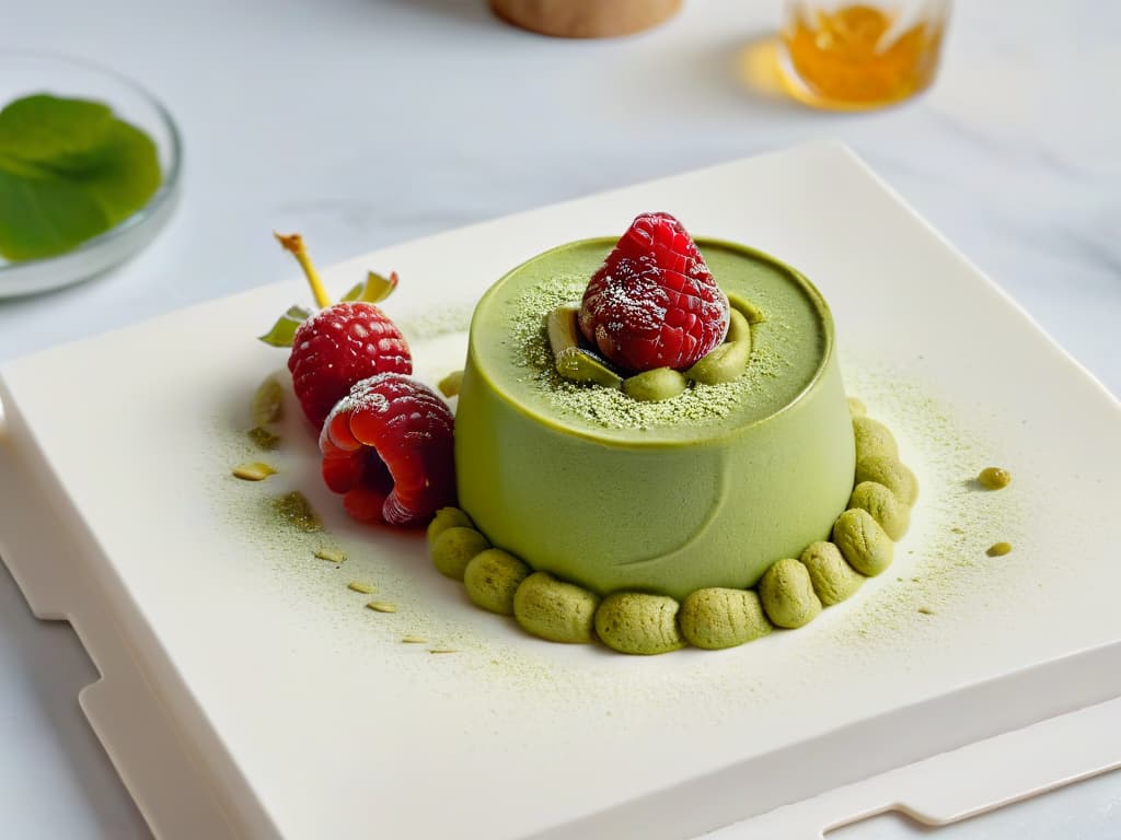  An intricate, minimalist closeup shot of a delicate matcha green tea mousse elegantly presented in a small, white ceramic dish. The mousse is garnished with a single vibrant red raspberry, a sprinkle of finely ground matcha powder, and a drizzle of golden honey, all placed on a sleek, modern marble countertop. The soft natural lighting enhances the rich green hue of the mousse, creating a visually stunning and appetizing image that captures the essence of Asian desserts blending with Western palates. hyperrealistic, full body, detailed clothing, highly detailed, cinematic lighting, stunningly beautiful, intricate, sharp focus, f/1. 8, 85mm, (centered image composition), (professionally color graded), ((bright soft diffused light)), volumetric fog, trending on instagram, trending on tumblr, HDR 4K, 8K