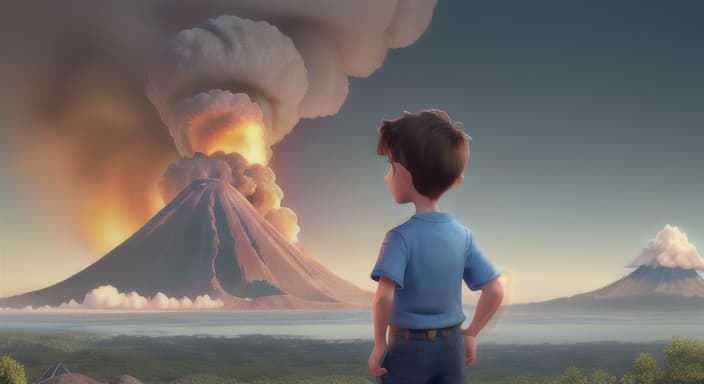  {Jake watching a distant volcano with smoke coming out of it., Jake's eyes widened with curiosity and a hint of worry.