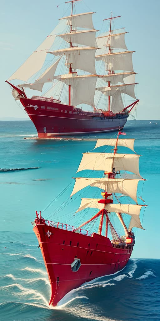  ship with red sails, near the house