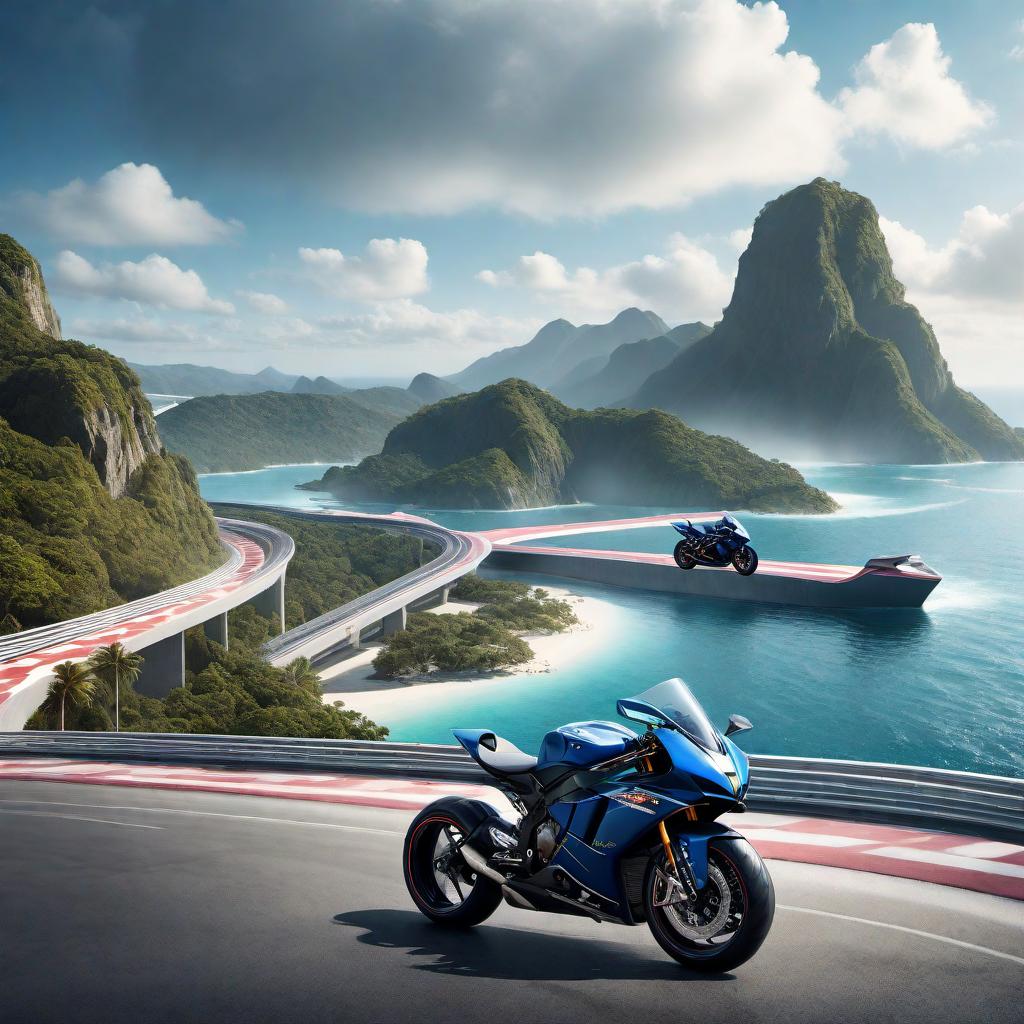  Create an image of a futuristic Race Island with motorcycles racing on floating highways high in the air. The motorcycles should look advanced, with sleek designs indicating they are equipped with anti-gravity technology. The highways are an intricate network of loops and steep turns, illuminated by neon lights and glowing rails, emphasizing the sense of height and the futuristic setting. The backdrop should include the vast ocean below, and part of the island where people can watch the races, complete with grandstands and team pits, in a vibrant and exciting racing atmosphere. hyperrealistic, full body, detailed clothing, highly detailed, cinematic lighting, stunningly beautiful, intricate, sharp focus, f/1. 8, 85mm, (centered image composition), (professionally color graded), ((bright soft diffused light)), volumetric fog, trending on instagram, trending on tumblr, HDR 4K, 8K