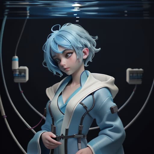  A girl under water with short blue hair no reaciton wiring a robe without anything else