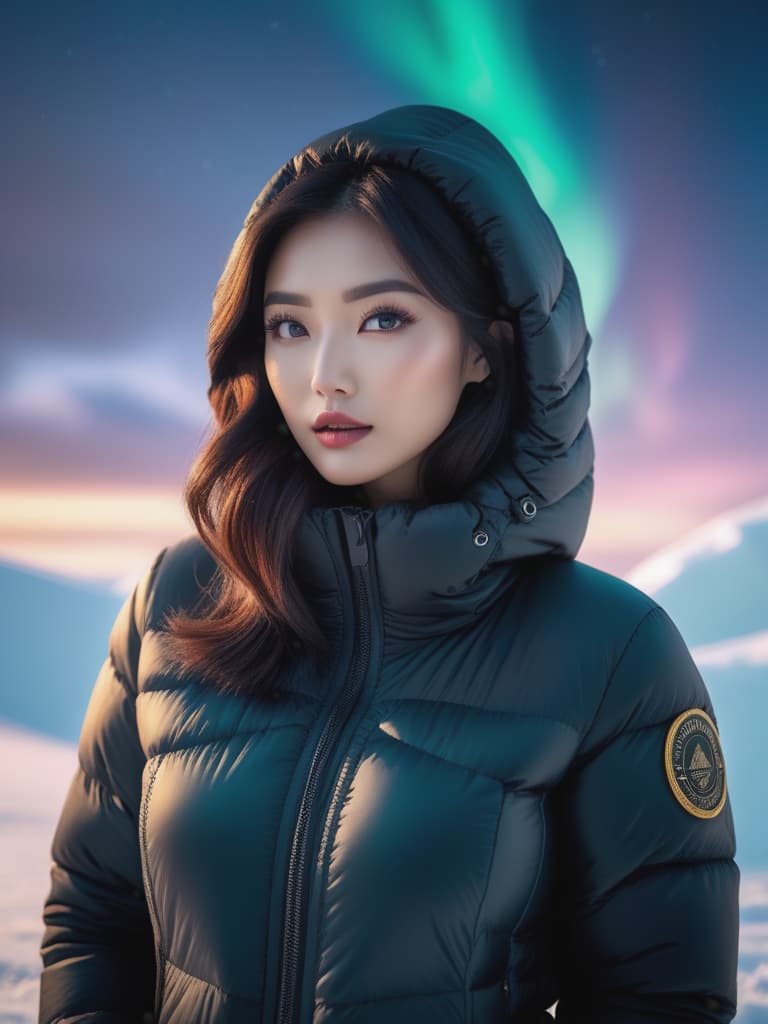  Front view portrait,Young beautiful Asian girl in black lightweight puffer jacket hooded winter coat without logo embroidery,Standing in Sanna Northern Lights In North Pole,black hair, cinematic lighting, stunningly beautiful, intricate, sharp focus, f/1. 8, 85mm, (professionally color graded), ((bright soft diffused light)), volumetric fog, trending on instagram, trending on tumblr, HDR 4K, 8K hyperrealistic, full body, detailed clothing, highly detailed, cinematic lighting, stunningly beautiful, intricate, sharp focus, f/1. 8, 85mm, (centered image composition), (professionally color graded), ((bright soft diffused light)), volumetric fog, trending on instagram, trending on tumblr, HDR 4K, 8K