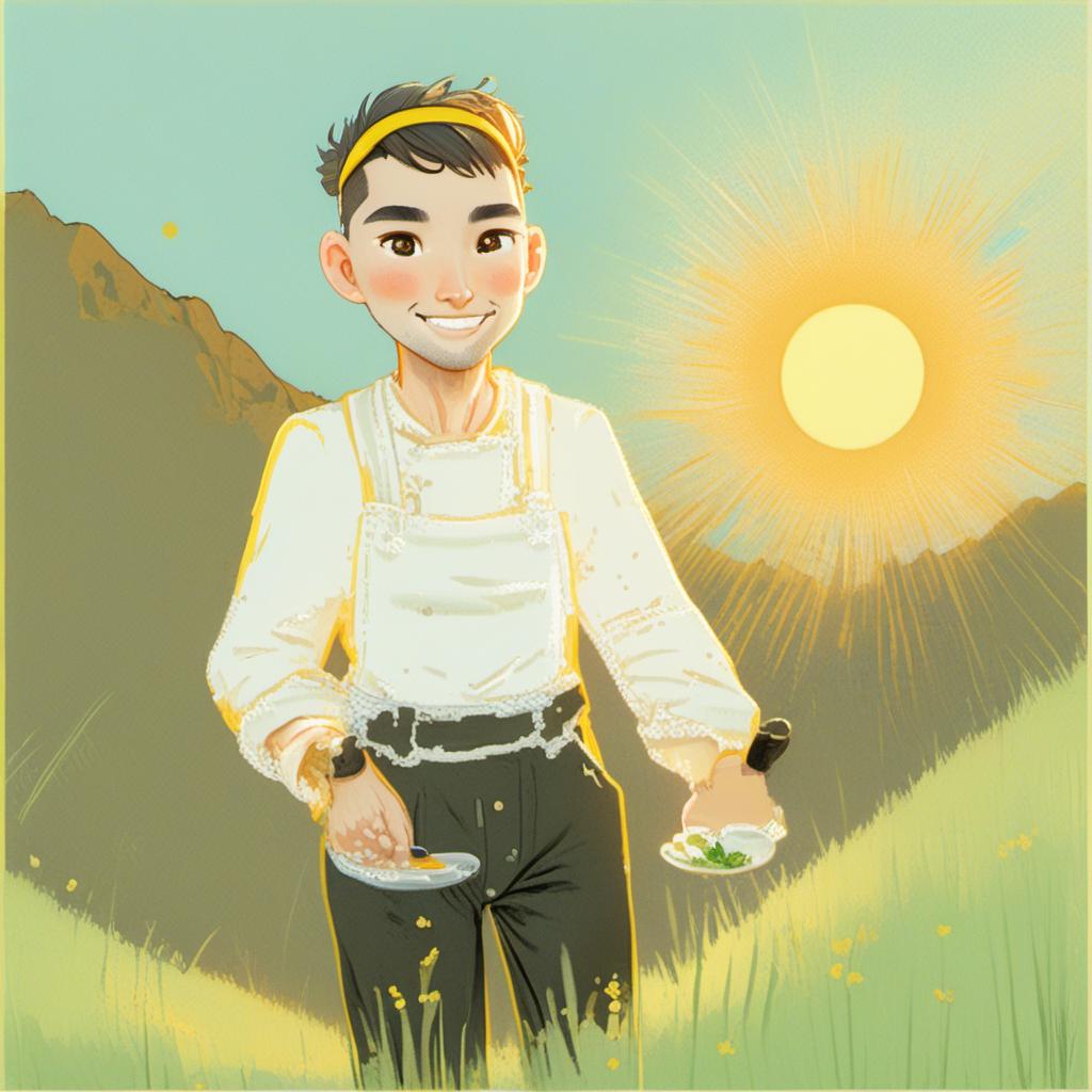  a man walking on a mountain,,a rocky mountain,,a robust, cheerful male chef with a bushy beard, wearing a traditional white chef's hat, a white shirt, and a white apron, and black trousers, white shoes. he has a confident and warm expression, exuding friendliness and strength. the character is detailed with realistic textures and a slightly fantasy inspired aesthetic.,sky blue (#87ceeb), sun yellow (#ffd700), bright white (sunlight reflection) (#ffffff), soft green (grass) (#98fb98), warm orange (sunrise/sunset accent) (#ffa07a),high quality, cartoonish, 4k, comic style, manga and manhwa style, (((painting style)))