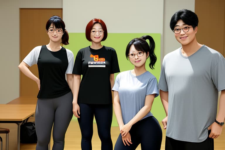  masterpiece, best quality, Three Korean women and a man posing for a photo. photorealistic, oversized shirt, yoga pants, ,photorealistic, muscular, short hair, ponytail. (different races), model, glasses, Masterpiece, beautiful