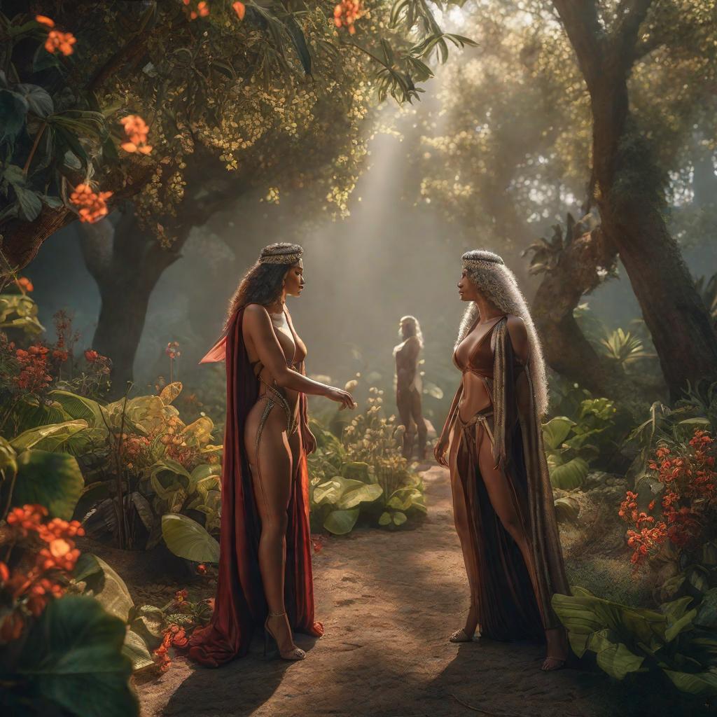  How were Adam and Eve hyperrealistic, full body, detailed clothing, highly detailed, cinematic lighting, stunningly beautiful, intricate, sharp focus, f/1. 8, 85mm, (centered image composition), (professionally color graded), ((bright soft diffused light)), volumetric fog, trending on instagram, trending on tumblr, HDR 4K, 8K