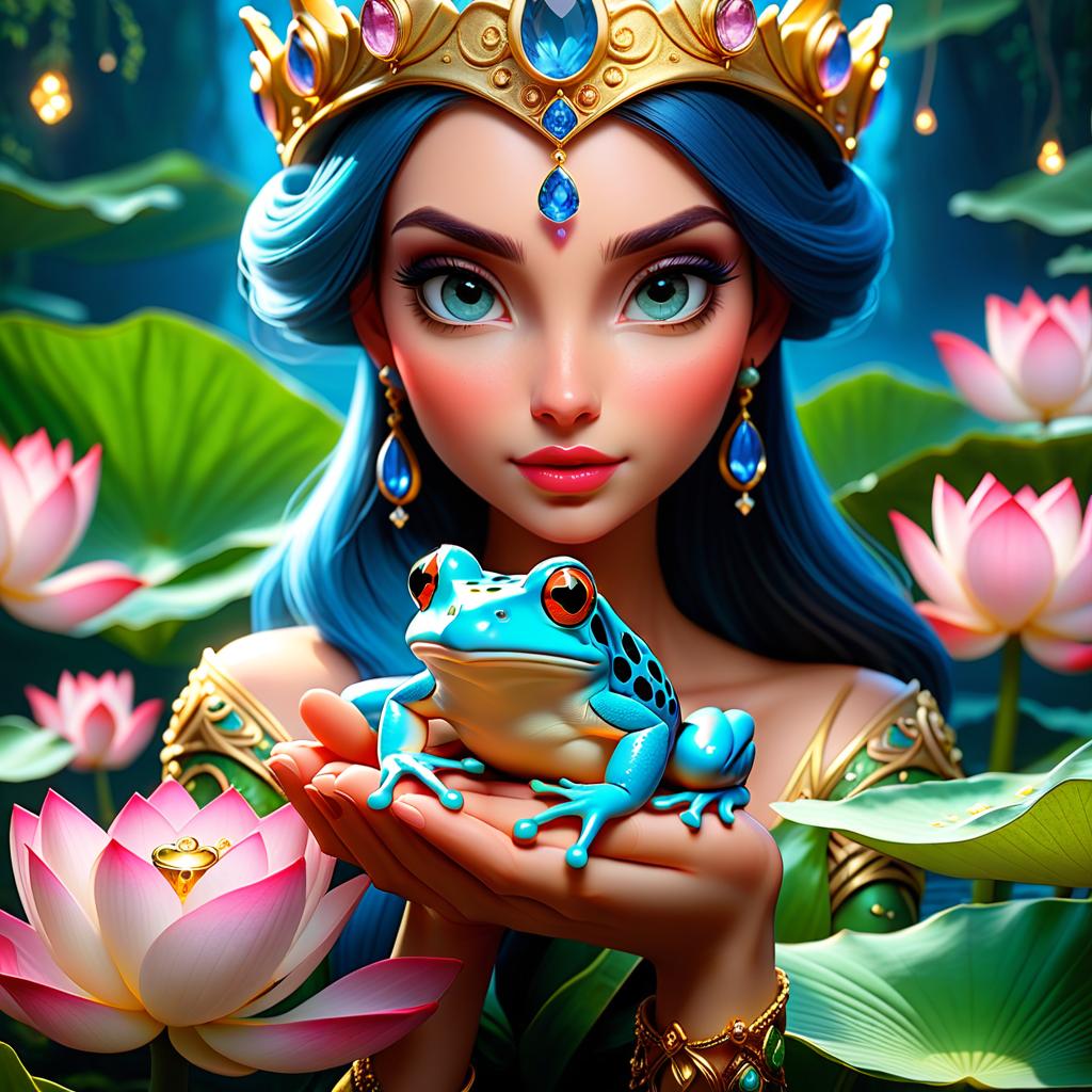  ethereal fantasy concept art of (Background): a lake with blooming lotuses of different shades: from white pink to bright crimson and leaves of tender green colour. The sky above the lake of dark blue colour with golden stars scattered on it. (Fantasy Princess Frog): in the centre of the lake on the biggest lotus flower sits a charming frog in a golden crown decorated with blue and blue precious stones. In his paws he holds a ring decorated with blue stones. Style: fantasy, Russian fairy tales, illustrations. . magnificent, celestial, ethereal, painterly, epic, majestic, magical, fantasy art, cover art, dreamy hyperrealistic, full body, detailed clothing, highly detailed, cinematic lighting, stunningly beautiful, intricate, sharp focus, f/1. 8, 85mm, (centered image composition), (professionally color graded), ((bright soft diffused light)), volumetric fog, trending on instagram, trending on tumblr, HDR 4K, 8K