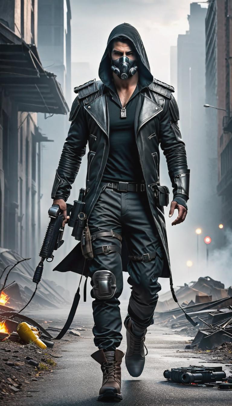  Post apocalyptic style depiction of Handsome . Futuristic, technological, survival in the wasteland, desolate cities, and the resilience and survival instincts of humanity theme. hyperrealistic, full body, detailed clothing, highly detailed, cinematic lighting, stunningly beautiful, intricate, sharp focus, f/1. 8, 85mm, (centered image composition), (professionally color graded), ((bright soft diffused light)), volumetric fog, trending on instagram, trending on tumblr, HDR 4K, 8K