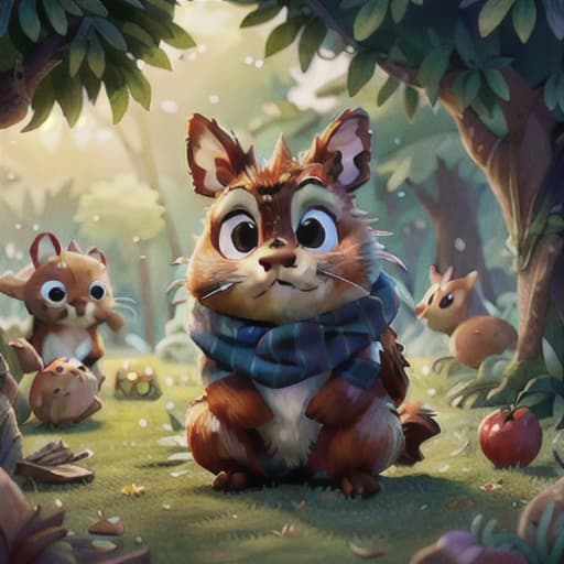  "Generate an image using Stable Diffusion where small animals such as rabbits and squirrels are gathering around an apple tree to taste fresh apples. The scene is filled with life as all creatures in the garden are active.", best quality, very detailed, high resolution, sharp, sharp image, extremely detailed, 4k, 8k hyperrealistic, full body, detailed clothing, highly detailed, cinematic lighting, stunningly beautiful, intricate, sharp focus, f/1. 8, 85mm, (centered image composition), (professionally color graded), ((bright soft diffused light)), volumetric fog, trending on instagram, trending on tumblr, HDR 4K, 8K