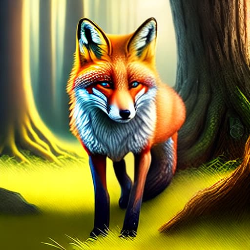  Magic yellow fox roaming in magical forest realistic