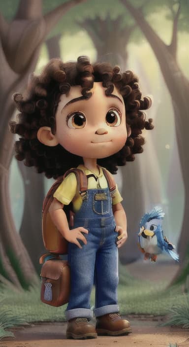  {The tree shining brightly and releasing a gentle, magical light., Riley, a curious with big brown eyes and curly hair, wearing overalls and carrying a small backpack. Their friend, Skye, a bluebird with shiny feathers.