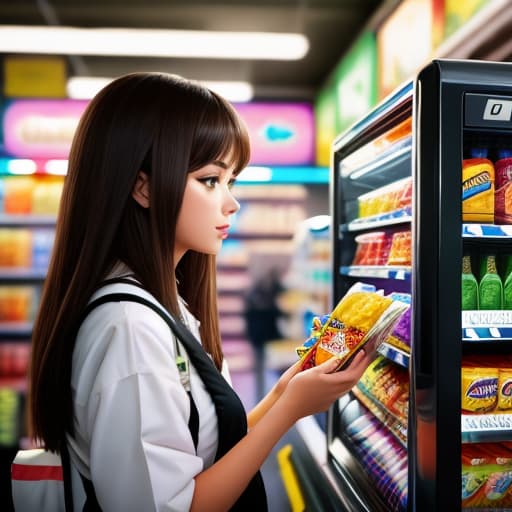  candid photo of a young brunette woman taken at a convenience store during the night