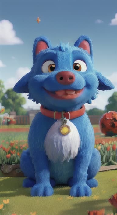  {The red ball nestled in a bed of colorful flowers like daisies and tulips, The big blue dog is large with sky blue fur, big round eyes, a black nose, and floppy ears.