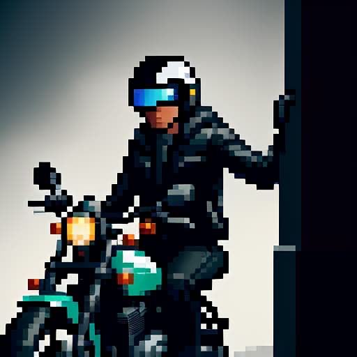  (((main style is pixel art))), (white background), (digital printing),wearing a black leather jacket and sneakers, riding a motorcycle, a circular frame, (high contrast), (color palette limited), ultra fine details, hyperrealistic, full body, detailed clothing, highly detailed, cinematic lighting, stunningly beautiful, intricate, sharp focus, f/1. 8, 85mm, (centered image composition), (professionally color graded), ((bright soft diffused light)), volumetric fog, trending on instagram, trending on tumblr, HDR 4K, 8K