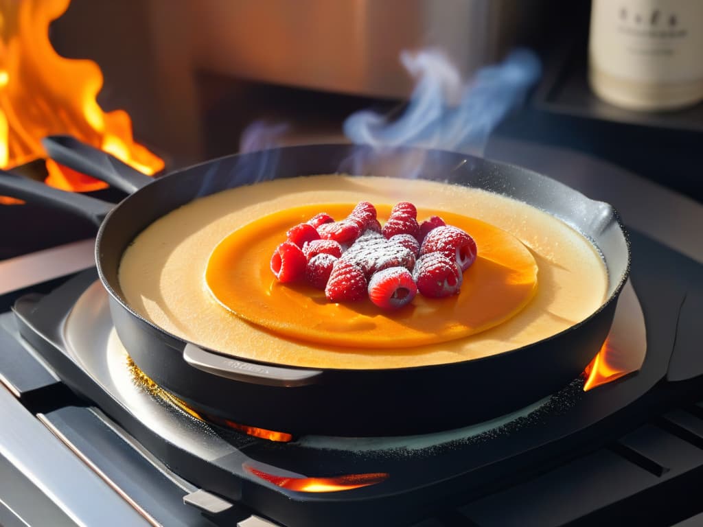  An ultradetailed, minimalistic image of a delicate crepe Suzette being flambeed in a copper pan, showcasing vibrant flames dancing around the thin pancake, while a rich orange sauce caramelizes gently on the surface. The background is elegantly blurred, focusing all attention on the mesmerizing spectacle of the dessert being prepared with precision and finesse. The warm hues of the flames and the glossy texture of the sauce create a visually striking composition that evokes a sense of culinary artistry and decadence. hyperrealistic, full body, detailed clothing, highly detailed, cinematic lighting, stunningly beautiful, intricate, sharp focus, f/1. 8, 85mm, (centered image composition), (professionally color graded), ((bright soft diffused light)), volumetric fog, trending on instagram, trending on tumblr, HDR 4K, 8K