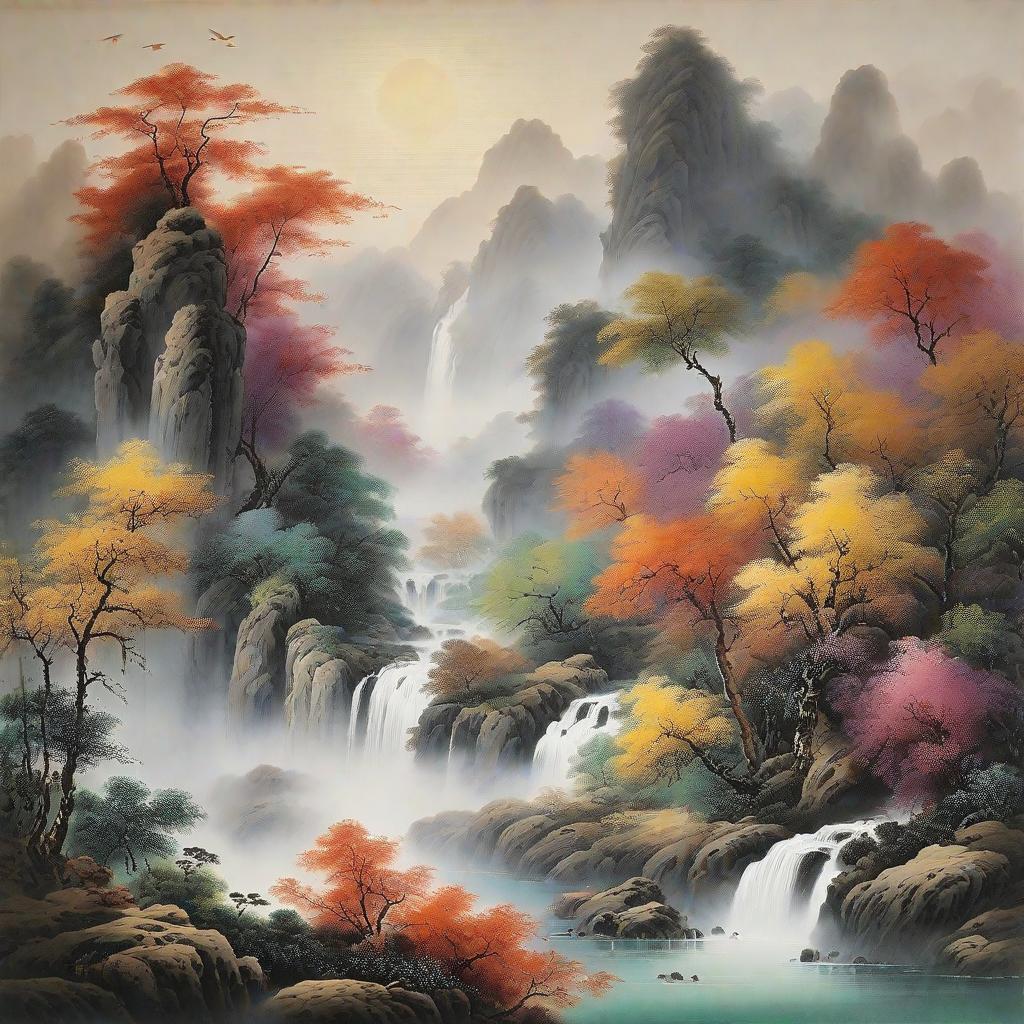  masterpiece, best quality,Scale 3:1 Chinese painting; Sunshine incense burner produces purple smoke, looking at the waterfall hanging in front of the river. Flying down 3,000 feet, suspected to be the Milky Way falling nine days