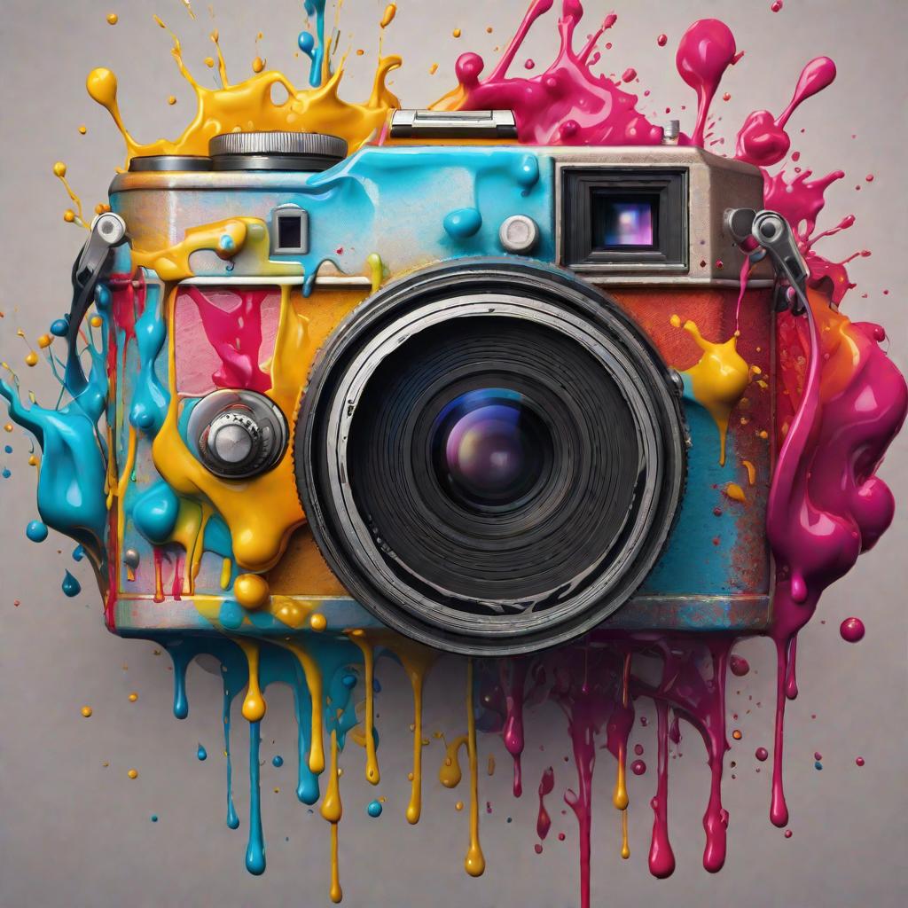  Camera with splashes colored paint hyperrealistic, full body, detailed clothing, highly detailed, cinematic lighting, stunningly beautiful, intricate, sharp focus, f/1. 8, 85mm, (centered image composition), (professionally color graded), ((bright soft diffused light)), volumetric fog, trending on instagram, trending on tumblr, HDR 4K, 8K