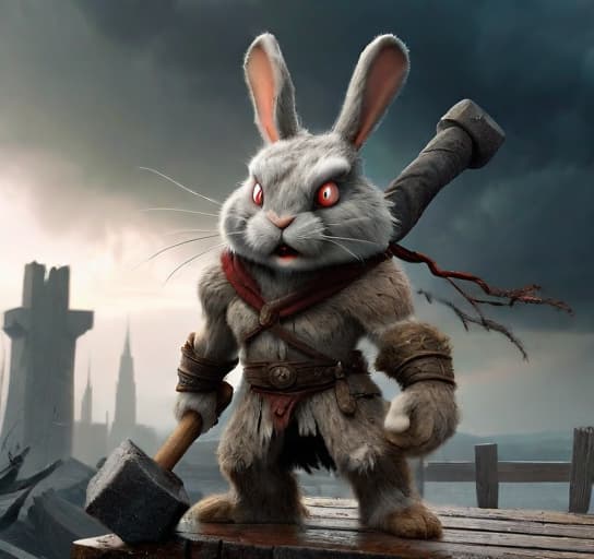  A rabbit warrior wielding a massive sledgehammer, its fur matted and dirty, stands defiantly with one foot on a broken bridge, the wind blowing through its whiskers as it gazes out at a distant, stormy horizon. The sledgehammer, adorned with ancient symbols and mysterious runes, gleams with a faint, otherworldly energy. The rabbit's piercing eyes seem to bore into the very soul as it prepares to unleash its unyielding fury upon the coming storm. In the background, the remnants of a once thriving city lie in ruins, the crumbling spires and towers serving as a testament to the rabbit's unyielding determination to protect its home.