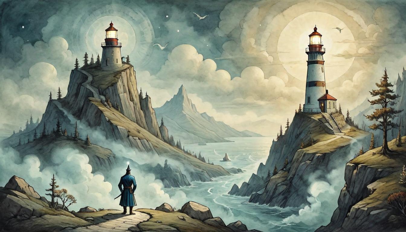  on parchment, surrealism+++, A figure stands on a mountaintop, radiating inspiration, a lighthouse for seekers, path illumination for others, beacon of inspiration, example set in stone, guiding splendor(mysterious, provocative, symbolic,muted color)+++