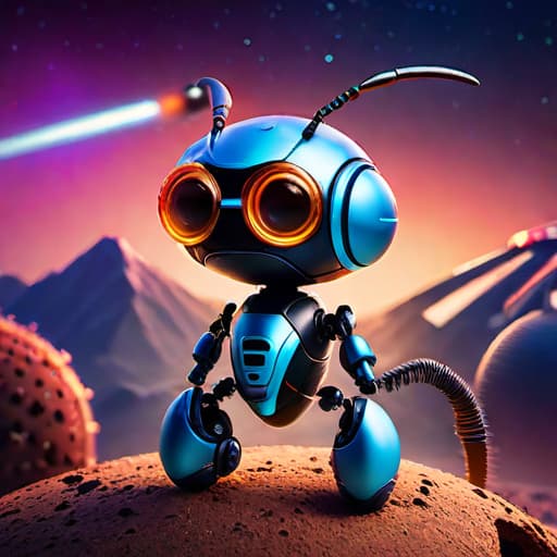  in a product photography style, Create an image featuring a robotic ant adorned in space-themed attire within a brightly illuminated environment, evoking a sense of exploration and futuristic technology.