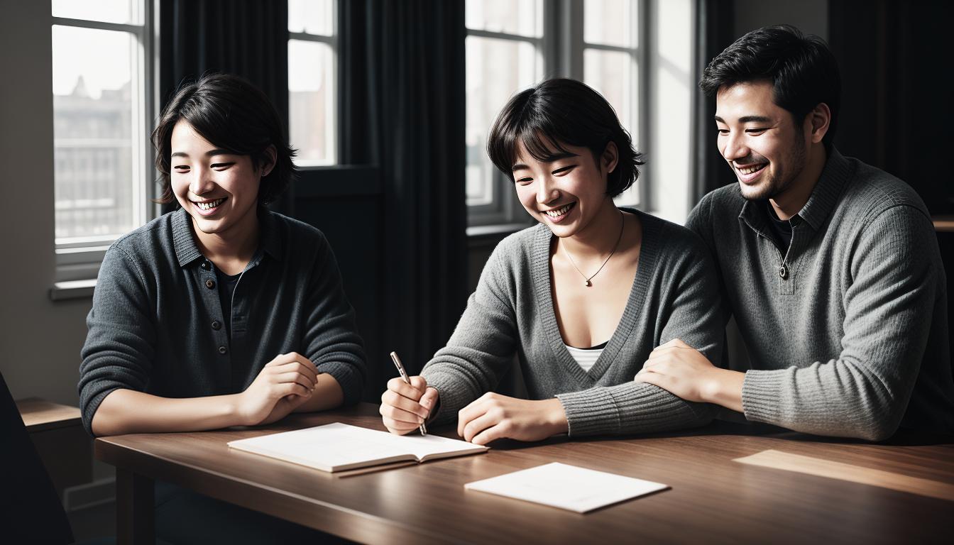  digital illustration, one woman and one man sitting at a table, hands reaching across to touch, warm light surrounding them, smiles starting to form, mutual understanding, beginning to rebuild trust, looking at viewer, dynamic pose, (intricate details, masterpiece, best quality)