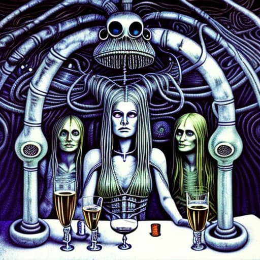  Alice dressed in chains having a drink at a wild drinking party on an alien planet stable diffusion, absolute reality v1.6, in the style of hr giger