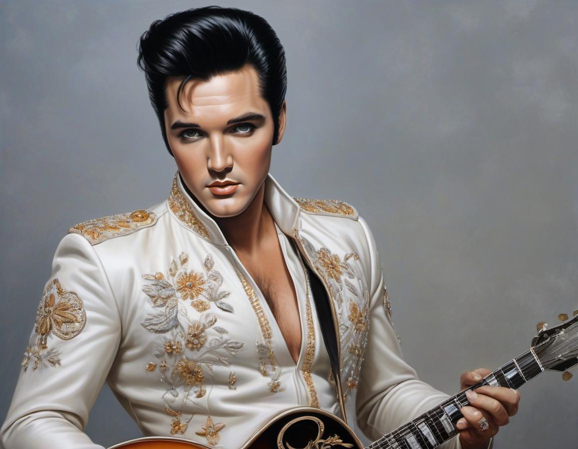  Portrait of Elvis Presley, the king of rock n roll, bitmap image, liquid background, sharp strokes, oil painting, trend on art station, in the style of Jean Baptiste Monge. hyperrealistic, full body, detailed clothing, highly detailed, cinematic lighting, stunningly beautiful, intricate, sharp focus, f/1. 8, 85mm, (centered image composition), (professionally color graded), ((bright soft diffused light)), volumetric fog, trending on instagram, trending on tumblr, HDR 4K, 8K