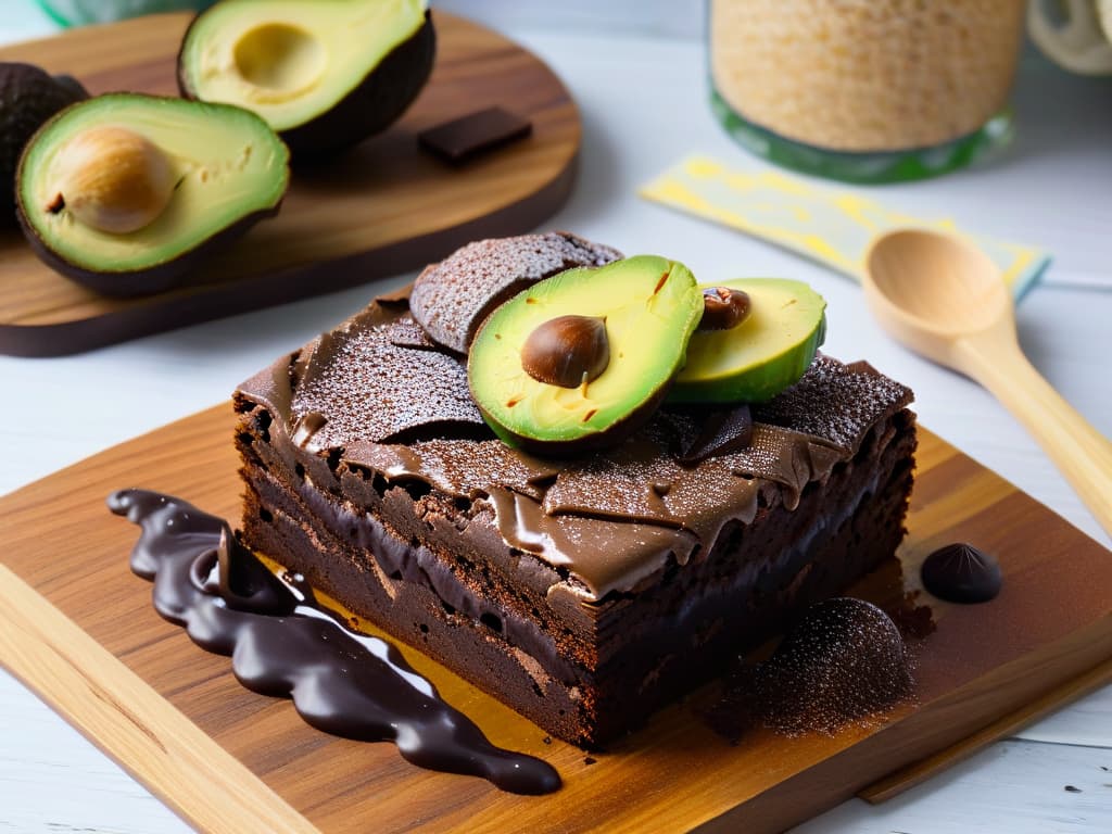  An ultradetailed image of a decadent vegan chocolate avocado brownie, perfectly sliced, showcasing its rich, fudgy texture studded with chunks of dark chocolate and topped with a sprinkle of cocoa powder. The brownie sits on a rustic wooden plate, surrounded by fresh, vibrant avocado halves and glossy melted chocolate drizzle, all set against a soft, diffused background to emphasize the dessert's indulgent appeal. The lighting highlights the glossy texture of the brownie and creates a warm, inviting atmosphere, making the viewer crave a guiltfree bite of this luxurious treat. hyperrealistic, full body, detailed clothing, highly detailed, cinematic lighting, stunningly beautiful, intricate, sharp focus, f/1. 8, 85mm, (centered image composition), (professionally color graded), ((bright soft diffused light)), volumetric fog, trending on instagram, trending on tumblr, HDR 4K, 8K