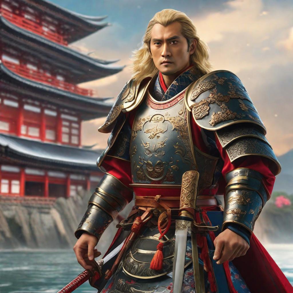  masterpiece, best quality,Kazilan has big eyes, blonde hair, big waves, height of 180, Hannibal wearing Japanese samurai armor