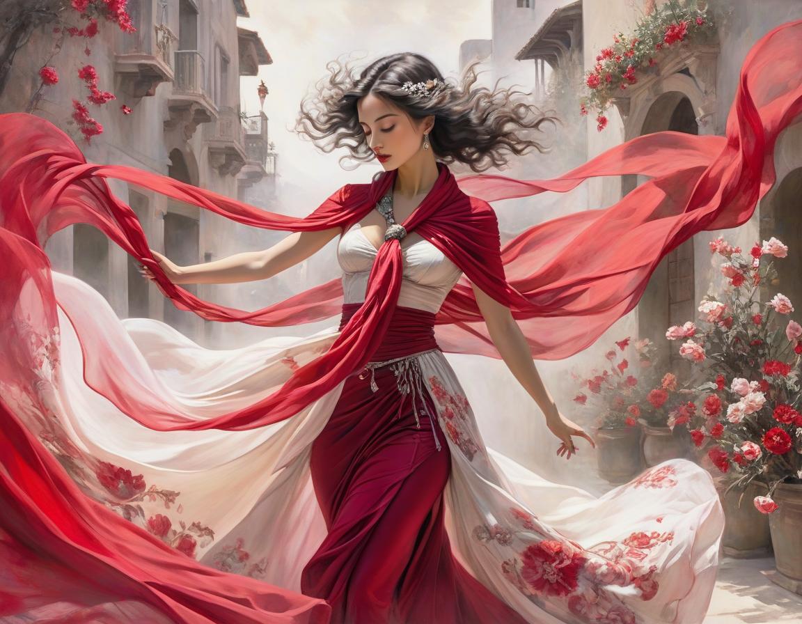  surrealist art depict an spanish woman, dancing, flowing floral scarf, elegant body lining. the backdrop is an ethereal spanish dreamscape of soft tones crimson, red, off white, magenta, grey. highly detailed. magic realism. alchemy. pastels, pen, ink and wash. luis royo, joaquin sorolla, georgia o’keeffe, arthur rackham. highest quality . dreamlike, mysterious, provocative, symbolic, intricate, detailed hyperrealistic, full body, detailed clothing, highly detailed, cinematic lighting, stunningly beautiful, intricate, sharp focus, f/1. 8, 85mm, (centered image composition), (professionally color graded), ((bright soft diffused light)), volumetric fog, trending on instagram, trending on tumblr, HDR 4K, 8K