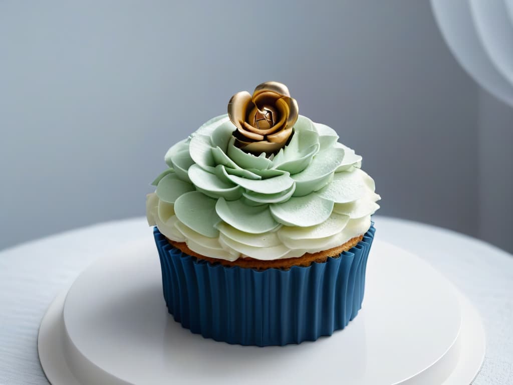  An 8k ultradetailed image of a sleek, modern kitchen countertop showcasing an elegantly designed minimalistic cake stand with a single, perfectly crafted artisanal cupcake on top. The cupcake features intricate details such as delicate floral decorations and shimmering edible gold accents, all set against a backdrop of clean lines, muted tones, and soft lighting that exudes sophistication and elegance. hyperrealistic, full body, detailed clothing, highly detailed, cinematic lighting, stunningly beautiful, intricate, sharp focus, f/1. 8, 85mm, (centered image composition), (professionally color graded), ((bright soft diffused light)), volumetric fog, trending on instagram, trending on tumblr, HDR 4K, 8K