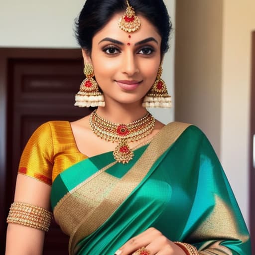  a beautiful woman in saree with a pose.
The woman is standing in a traditional Indian saree, one of the most graceful and types of garments. The saree is a simple garment, yet it highlights the curves of the woman's body and creates a breathtaking look. Her face is beautiful, with sharp features and sparkling eyes. Her lips are full and her expression is alluring. To complete the look, she is wearing beautiful ornaments such as earrings, a necklace, and bangles. The covering her top is matching and complements the entire outfit perfectly.