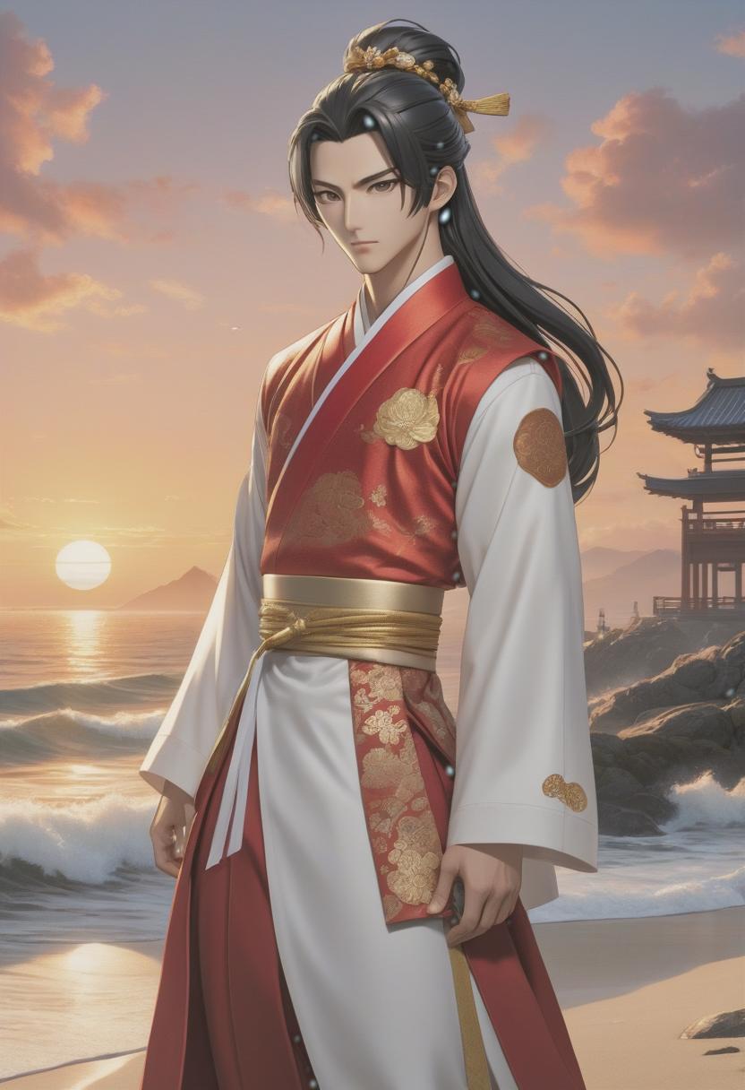  anime artwork A short young man in a red hanbok with a gold pattern and white leather shoes. He has black long hair tied in a tail, grey eyes, a round face, pale skin, and two legs. In his hands, he holds a white mask, standing by the seashore at sunset. . anime style, key visual, vibrant, studio anime, highly detailed hyperrealistic, full body, detailed clothing, highly detailed, cinematic lighting, stunningly beautiful, intricate, sharp focus, f/1. 8, 85mm, (centered image composition), (professionally color graded), ((bright soft diffused light)), volumetric fog, trending on instagram, trending on tumblr, HDR 4K, 8K